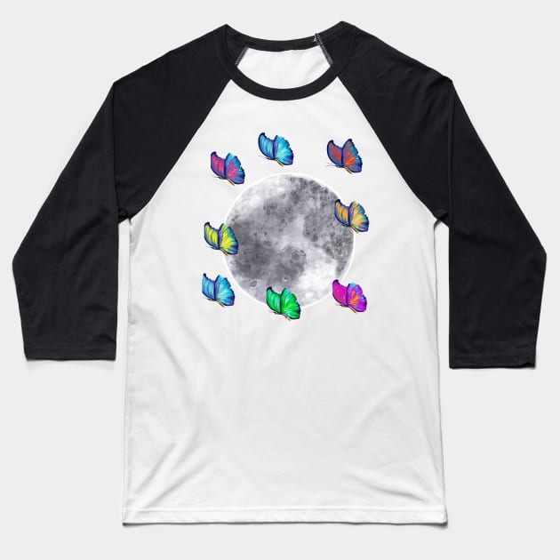 butterflies take the moon - blue Peruvian morpho butterflies With a dash of colour added by artistic license on the moon Baseball T-Shirt by Artonmytee